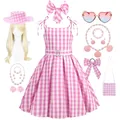 Costume de Princesse du Film Barbi pour Fille Vêtements de Cosplay Robe à Carreaux Rose Tenue de