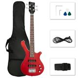 4 Strings GW101 Electric Bass Guitar Kit with Carry Bag Strap Plectrum Wrench Tool 36in Small Scale Mahogany Body Bass Guitar with Split Single-coil Pickup (Red)