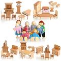 42 Pieces Miniature Wooden Dollhouse Furniture Doll House Furnishings Include 8 Pieces Wooden Doll Family Set Dollhouse Accessories 1/12 Playhouse Wood Miniature Toy Family Figure Imaginative Play Toy