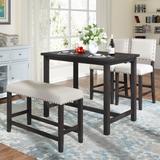 4 Piece Rustic Wooden Counter Height Dining Table Set with Upholstered Bench for Small Places