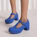 Fzm Dance Shoes For Women Ladies Fashion Solid Color Leather T Shaped Buckle Round Toe Thick High Heeled Single Shoes Blue US Size 7