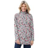 Plus Size Women's Mockneck Long-Sleeve Tunic by Woman Within in Heather Grey Red Pretty Floral (Size M)