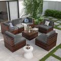 Techmilly 7 Pieces Patio Sectional Sofa PE Rattan Wicker Conversation Sets with Cushions and Glass Table( Grey)