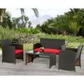 CL.HPAHKL 4 Pieces Outdoor Furniture Patio Furniture Set Brown Wicker Conversation Set Rattan Outdoor Chairs Loveseats with Red Cushion Glass Table Use Poolside Lawn Porch Balcony Garden