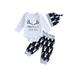 Infant Baby Boys Christmas Outfits Letter Print Long Sleeve Romper + Deer Head Pattern Pants + Hat 3Pcs Toddler Xmas Clothes Set