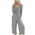 Besolor Fall Jumpsuit for Women Casual Loose Long Sleeve Front Button Wide Leg Pants Romper with Pockets