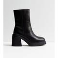 Black Leather Chunky Block Heel Boots New Look
