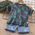 Garçons Vêtements D'été De Mode Col Rond Enfants Sportswear Dinosaure T-Shirt Denim Shorts Costume