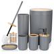 Otostar Grey Bathroom Accessories Set Bamboo Bathroom Set with Qtip Holder Soap Dispenser Toothbrush Holder Tumbler Soap Dish Toilet Brush Holder Trash Can Plastic Bath Set Housewarming Gift (Grey)