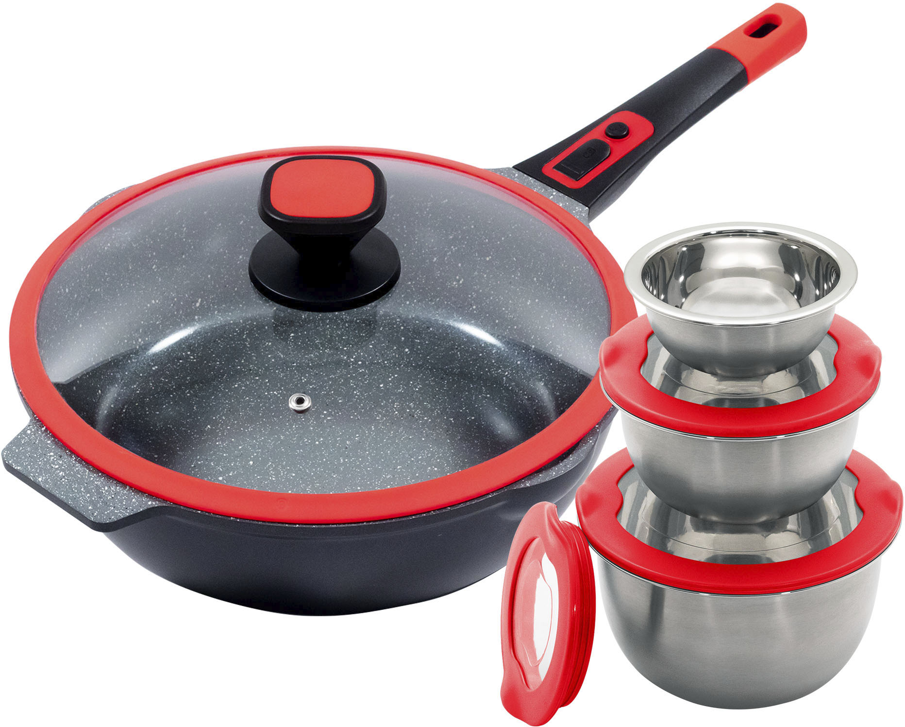 Bratpfanne KING "Click-Grip", rot, H:8,5cm Ø:28cm, Pfannen, Bratpfanne, Induktion, mit Glasdeckel, abnehmbarer Pfannengriff, 28 cm