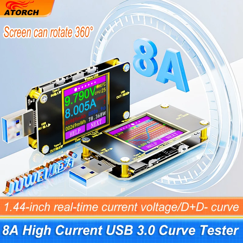 A3 8A USB Tester Typ-C Strom Spannung Monitor Schnelle Lade PD Batterie Power Bank Kapazität DC 32V Amperemeter Image