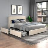 Queen Size Linen Upholstered Wingback Platform Bed with 4 Storage Drawers, Mid-century Modern Headboard with Tight Channel