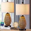 Cinkeda Rattan Table Lamps Set of 2 with USB Ports AC Outlet Bohemian 3 Way Dimmable Touch Control Nightstand Lamp for Living Room Bedroom(2 Bulb)