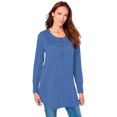 Plus Size Women's Fine Gauge Drop Needle Henley Sweater by Roaman's in Dusty Indigo (Size M)