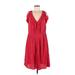 Ann Taylor LOFT Casual Dress Plunge Short sleeves: Red Solid Dresses - Women's Size 8