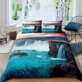 Godafoss Waterfall Bedding Set Iceland Europe Duvet Cover Sunrise Comforter Cover For Kids Boys Girls ShocSuper King Natural Scenery Bedspreads Cover Red Teal With 2 Pillow Cases King Bedroom Decor