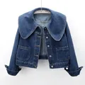 2023 New Women Denim Jackets Korean Sailor Collar Fashion Long Sleeves Button Jean Coat Vintage Crop