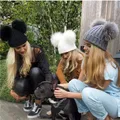 2022 New double natural Pom Poms hat Girls Boys Winter Warm Fur Pompom Ball Knitted Beanies Hat