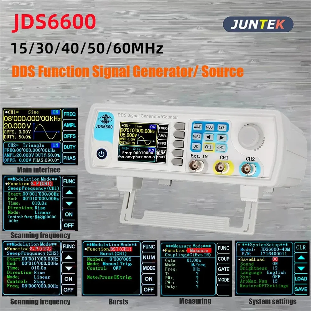 JDS6600 15/30/40/50/60 MHz DDS-Funktionssignalgenerator/Quelle Dual/2-CH-Frequenzmesser Arbiträrer Wellenform-Impulsgenerator Image