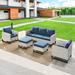 Latitude Run® Daysean 5 - Person Outdoor Seating Group w/ Cushions Synthetic Wicker/Wood/All - Weather Wicker/Wicker/Rattan in Gray/Blue | Wayfair