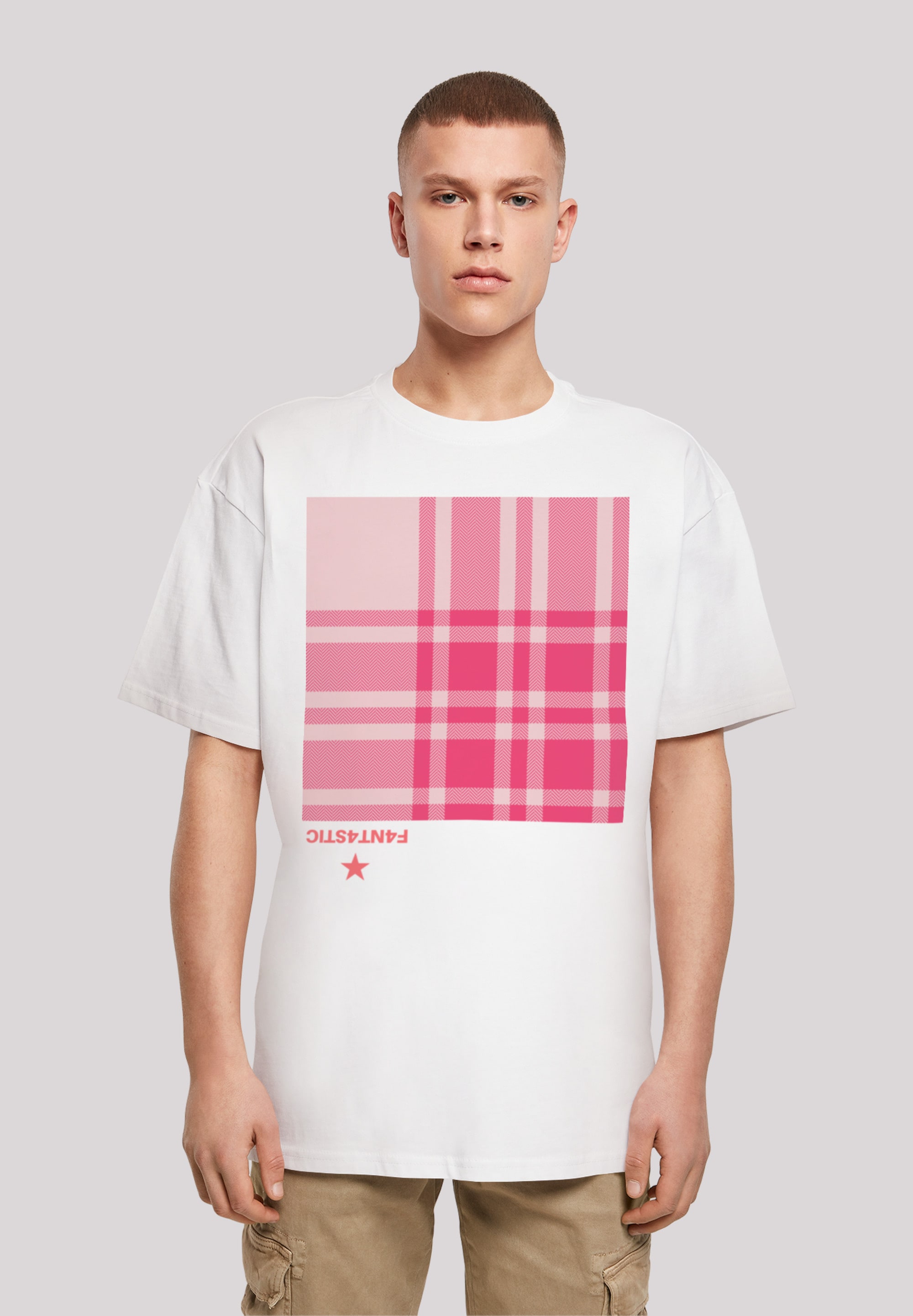 T-Shirt F4NT4STIC "Karo Pink", Herren, Gr. L, weiß, Obermaterial: 100% Baumwolle, oversize, Rundhals, ohne Bündchen, Shirts, Print Image