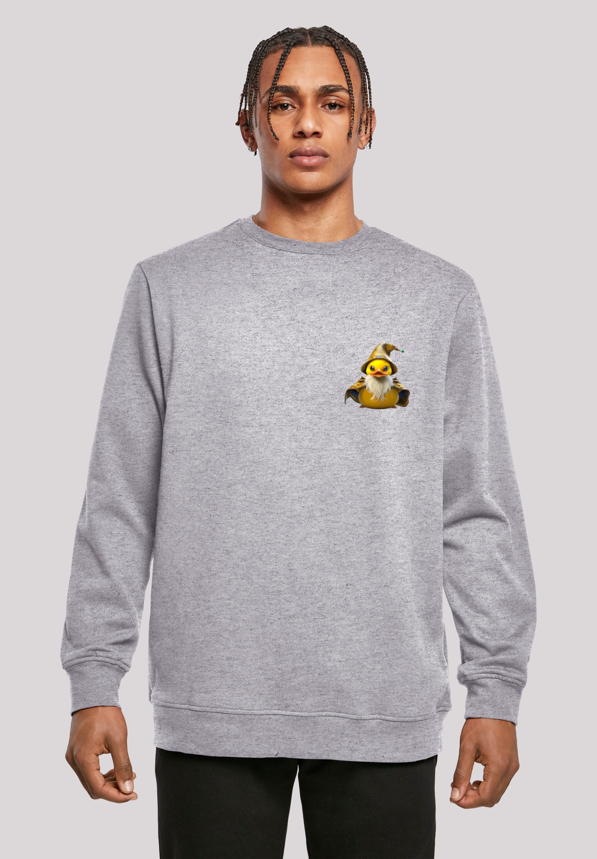 Kapuzenpullover F4NT4STIC "Rubber Duck Wizard CREW", Damen, Gr. L, grau (erdgrau), Obermaterial: 50% Baumwolle, 50% Polyester, relaxed fit, Rundhals, Pullover Kapuzenpullover, Print