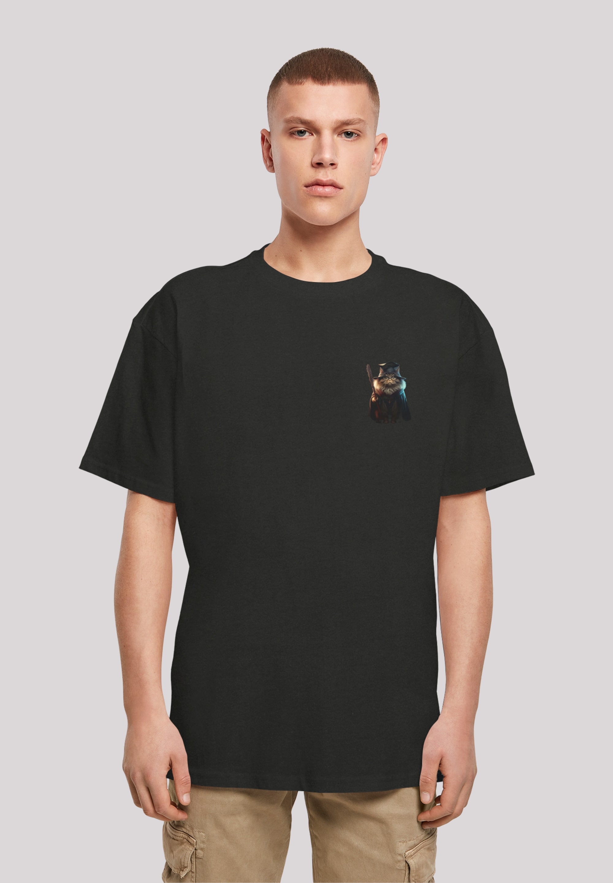 T-Shirt F4NT4STIC "Wizard Cat OVERSIZE TEE", Herren, Gr. L, schwarz, Obermaterial: 100% Baumwolle, Casual, oversize, Rundhals, ohne Bündchen, Shirts, Print Image