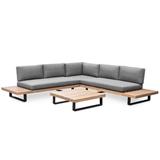 Tangkula 5-Seater Patio Sofa Teak Look Acacia Garden Lounge Corner Set with Side Coffee Table, Grey - 9' x 12'