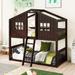 Twin over Twin Bunk Bed Wood Creativity House Bed with Ladder, Pitched Roof and Window Design, Full-Length Guardrail Top Bunk