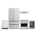 Cosmo 5 Piece Kitchen Appliance Packages with 36 Freestanding Gas Range 36 Under Cabinet 24 Built-in Fully Integrated Dishwasher French Door Refrigerator & 48 Bottle Wine Refrigerator