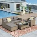 4 Piece Outdoor Patio Furniture Sets Conversation Set Wicker Ratten Sectional Sofa with Seat Cushions(Beige Brown) Grey