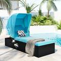 Outdoor Lounge Chairs-Wicker Black Rattan Reclining Chair Pool Sunbathing Recliners with Cushions Canopy and Cup Table Blue Cushion