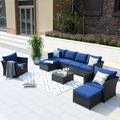 OVIOS Patio Furniture 9-piece Cushioned Wicker Outdoor Sectional Set Navy Blue