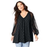 Plus Size Women's Lace and Georgette Rhinestone Top. by Roaman's in Black (Size 12 W)