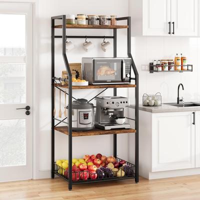 Rustic Kitchen Bakers Rack Microwave Oven Stand with Large Wire Basket - 15.7"D x 23.6"W x 50.7"H