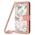 ELEHOLD Wallet Case for iPhone 14 Pro Premium Leather Flower Floral Pattern with Card Slots Kickstand Function Crossbody Shoulder Strap Wriststrap Lanyard Folio Wallet Case pink