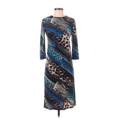 Fuschia Casual Dress - Sheath High Neck 3/4 sleeves: Blue Leopard Print Dresses - Women's Size Small