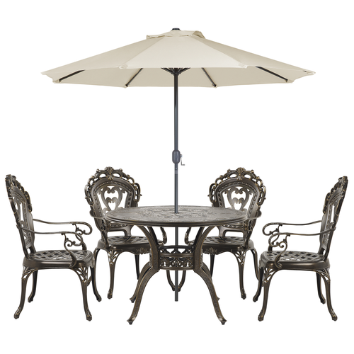 Gartenmöbel Set mit Sonnenschirm Dunkelbraun Aluminum 4-Sitzer 6-teilig mit Auflagen Runder Tisch Garten Terrasse Balkon Ausstattung Möbel