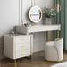 Makeup Vanity Set, Modern Lustrous Sintered Stone Top Dressing Table with LED Lighted Mirror and 5 Drawers & Side Cabinet, Stool