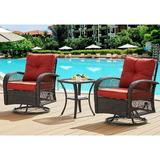 UDPATIO 3 Pieces Patio Furniture Set Outdoor Swivel Gliders Rocker Wicker Patio Bistro Set with Rattan Rocking Chair Glass Top Side Table and Thickened Cushions for Porch Deck Backyard (Red)