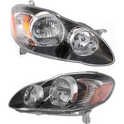 2007 Toyota Corolla Driver and Passenger Side Headlights, with Bulbs, Halogen, Black Interior, without Turn Signal Light Bulbs, USA Built Vehicle