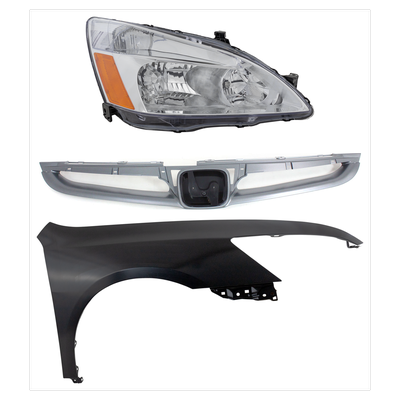 2007 Honda Accord 3-Piece Kit Passenger Side Headlight with Fender and Grille, with Bulb, Halogen, Signal Light Bulb Not Included