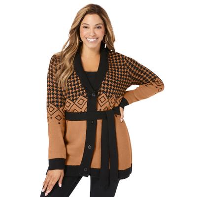 Plus Size Women's Fair Isle Cardi by Jessica London in Brown Maple Houndstooth Fair Isle (Size L)