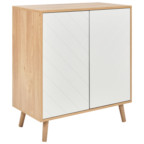 Sideboard Weiß und helles Holz MDF Spanplatte Holzfurnier 2 Türen mit Einlegeböden Skandinavisches Schlafzimmer Aufbewahrungslösung