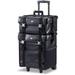 Professional Makeup Artist 2 in 1 Rolling Makeup Train Case Cosmetic Organizer Soft Trolley w/Storage Drawers & Metal Buckles (Black Faux Leather)