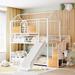 Twin Over Twin Bunk Bed with Slide and Ladder, Metal House Shape Bunk Bed with Storage Stair and Safety Guardrails, White