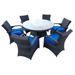 7 Pieces (6 Seats) Outdoor Patio Dining Table Sets with Washable Blue Cushions and Wicker Round Tempered Glass Table