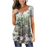 Hvyesh Womens Summer Tops Loose Fit Ladies Fashion V- Neck Floral Printed Tunic Tops Buttons Short Sleeve T-shirt