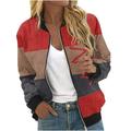 CZHJS Fall Tops Women s Color Block Patchwork Fashion Clothing Loose 2023 Trendy Casual Long Sleeve Outwear Spring Stand up Collared Baseball Bomber Oversized Zip up Lightweight Jacket Red XL Shirts