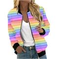 CZHJS Long Sleeve Outwear Spring 2023 Trendy Stand up Collared Baseball Bomber Women s Rainbown Color Block Fashion Clothing Loose Fall Tops Oversized Zip up Lightweight Jacket Casual Pink XL Shirts